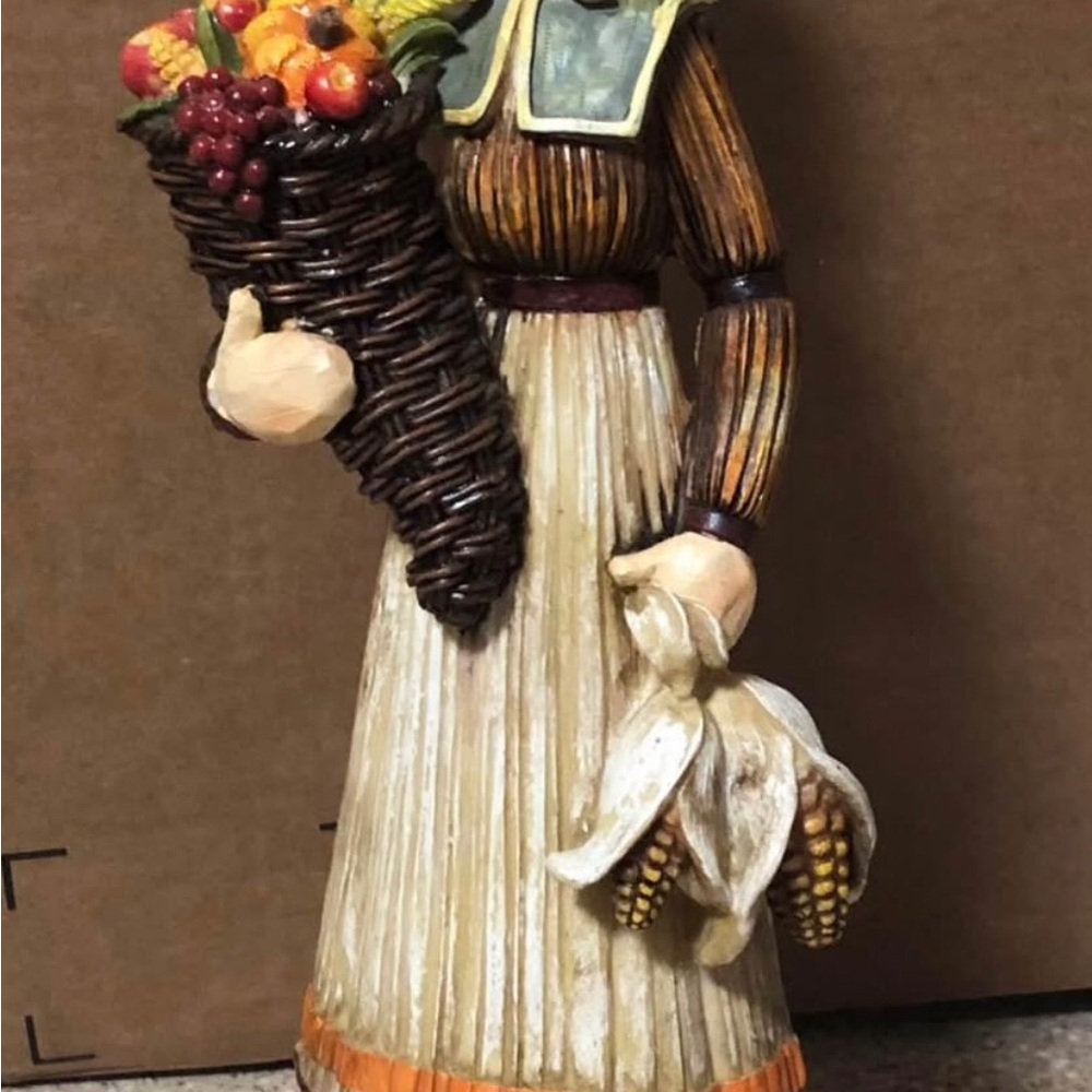 Farm Lady Figurine Holding A Wicker Cornucopia 12” Tall